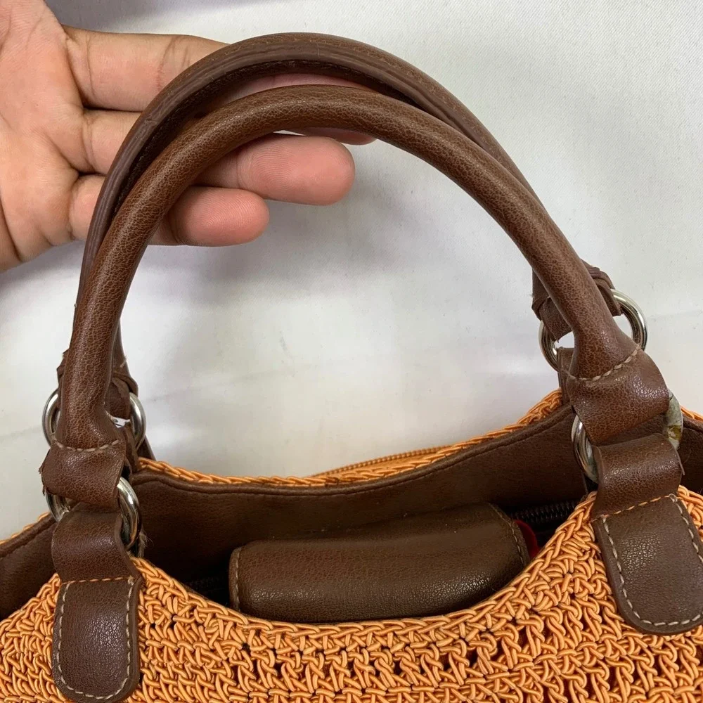 Rosetti Orange Woven Satchel Bag Purse Brown Faux Leather‎ Handle Small